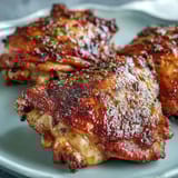 Tender, juicy dark meat with smoky spice rub and lemon wedges on a rustic platter.