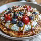 Sliced banana and plump blueberries sit atop this satisfying Protein Pancake Bowl, ready for breakfast.