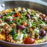 In a cast-iron skillet, Mediterranean Keto Ground Chicken Skillet with Olives and Feta is garnished with fresh parsley, Kalamata olives, and a squeeze of lemon.