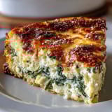 Fork lifting a creamy scoop from the High Protein Spinach Artichoke Bake, revealing cheesy cottage cheese and feta filling.