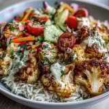 Colorful bowl of roasted cauliflower, cucumbers, tomatoes, carrots, and red onion topped with zesty tahini. 
