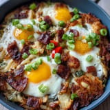Hearty Father's Day breakfast hash brown skillet with bacon, peppers, and onions.