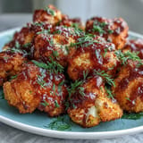 Glossy, smoky vegan BBQ cauliflower wings served with a cool, creamy ranch dip.