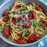 Rustic cherry tomato confit pasta dish, bathed in fragrant garlic oil, ready to serve.