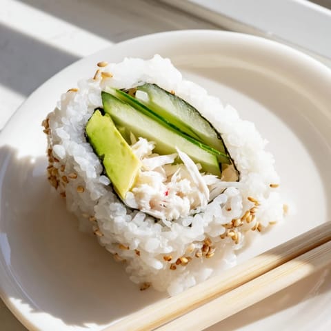 California Roll sushi pieces are arranged on a white plate beside small bowls of soy sauce, wasabi, and pickled ginger.