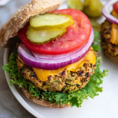 The finished veggie burger stacked with melted cheddar, fresh tomato, lettuce, and pickles on a toasted bun.