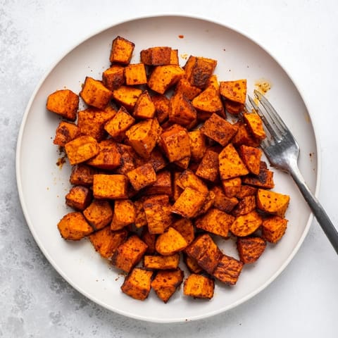 Roasted sweet potatoes on a baking sheet, caramelized cubes with smoked paprika and garlic.