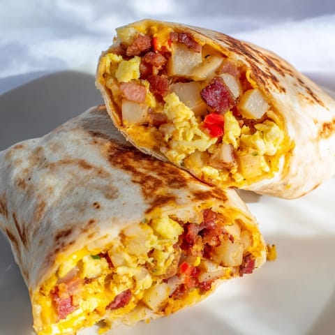 A warm Breakfast Burrito stuffed with fluffy scrambled eggs, crispy potatoes, melted cheddar, and savory bacon on a plate.