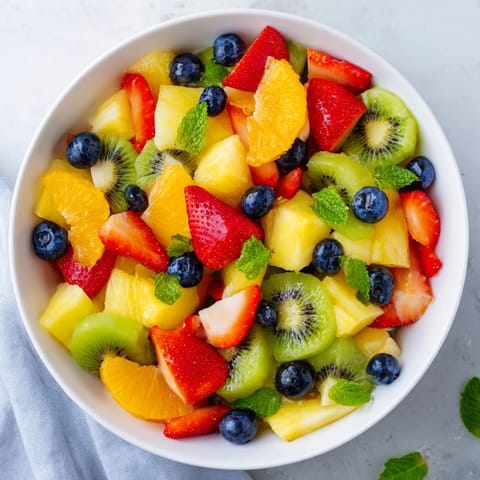 Freshly sliced strawberries, kiwi, and pineapple glisten in this Fruit Salad, lightly tossed in a bright citrus syrup glaze.