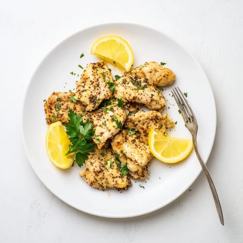 Juicy Lemon Pepper Chicken served hot from the pan, garnished with fresh parsley and bright lemon wedges for a zesty finish.