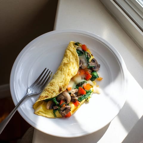 A close-up view of a golden Omelet with Cheese, melted cheddar visibly oozing from the center.