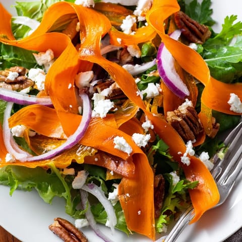 Golden roasted carrot ribbons rest on a bed of mixed greens, topped with crumbled feta and toasted pecans, drizzled with a honey-mustard vinaigrette.