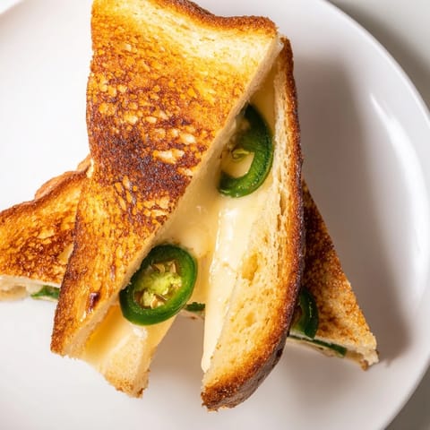 Sizzling jalapeño Havarti grilled cheese on a skillet, steam rising from crispy, buttery bread.