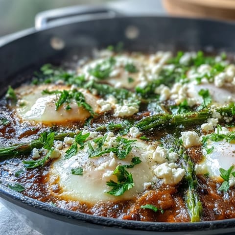 Vibrant spring shakshuka with fresh peas and broad beans, topped with runny eggs.