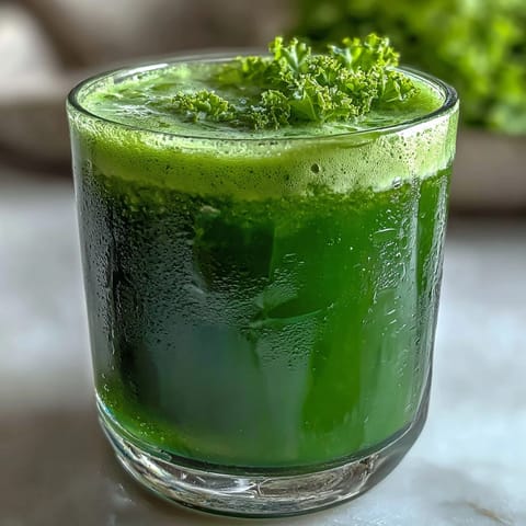 Bright Cabbage and Kale Detox Juice, vibrant green, served cold with lemon.