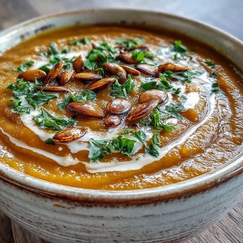 Creamy Butternut Squash Soup, velvety smooth, garnished with herbs and seeds.