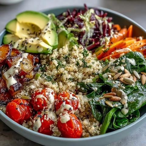 A healthy, visually stunning Rainbow Buddha Bowl With Quinoa, ready to be drizzled.