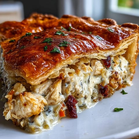 Golden, flaky puff pastry tops a creamy Chicken and Leek Pie filled with tender chicken, smoky bacon, and sautéed leeks.