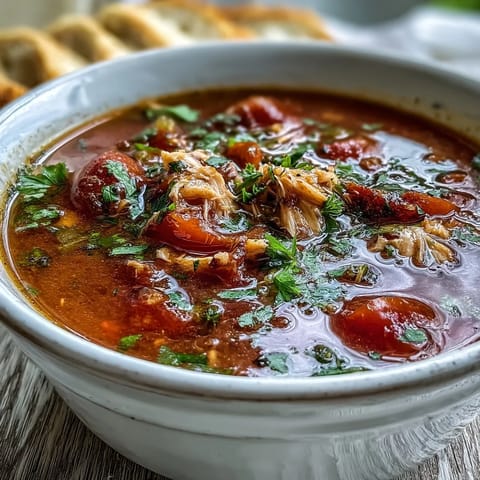 Warm Italian-inspired tuna and tomato soup simmering in a pot with diced carrots, celery, and aromatic herbs.