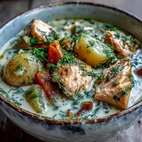 Steaming Finnish Salmon Soup with tender salmon and fresh dill served in a rustic white bowl.