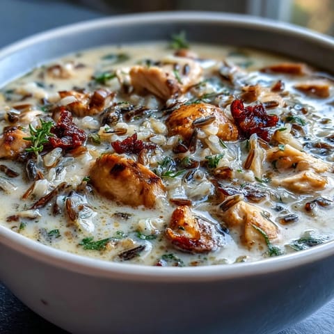 Creamy Parmesan Mushroom Chicken and Wild Rice Soup steaming in a rustic bowl, garnished with fresh parsley.