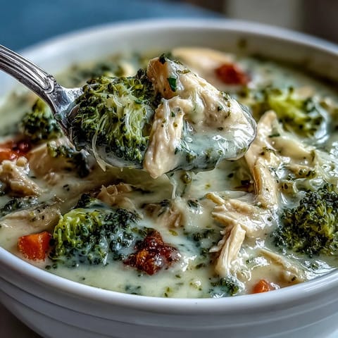 Steam rises from a bowl of Best Chicken Broccoli Cheddar Soup, showing tender chicken and bright green broccoli florets in a rich broth.