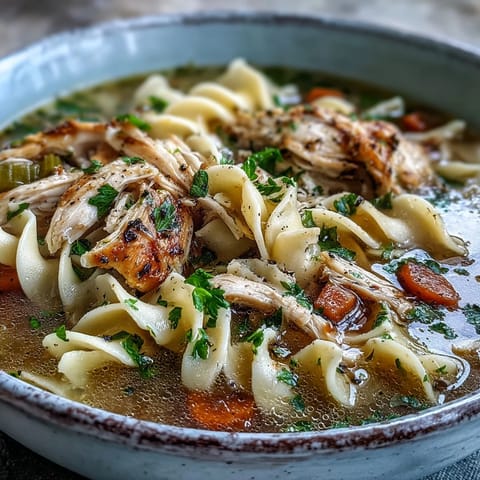 A close-up of homemade chicken and noodle soup reveals fresh parsley garnish, spoon-ready broth, and vibrant vegetables in a rustic pot.
