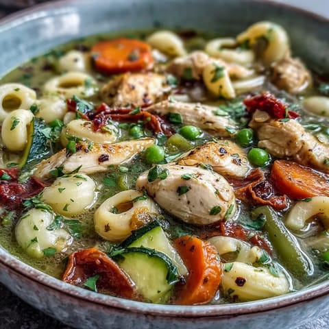 A steaming bowl of Pasta Soup With Chicken and Vegetables, brimming with tender chicken, ditalini pasta, and colorful fresh veggies in a savory broth.