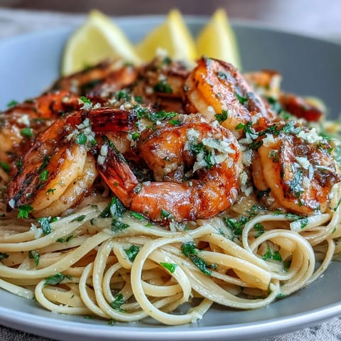 Golden-brown shrimp sizzle in a skillet with garlic and butter for Shrimp Scampi With Linguine, ready to serve.