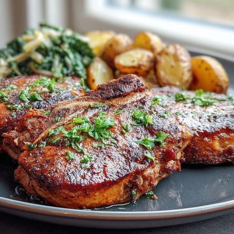 Aleppo Pork Chops Potatoes Greens