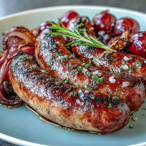 Perfectly roasted sausages with grapes, finished with fresh rosemary and served alongside crusty bread.