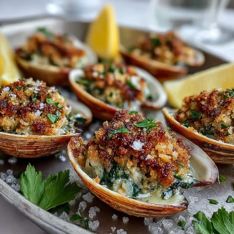 Crisp panko and garlic butter baked over juicy littleneck clams, served hot on a baking sheet.