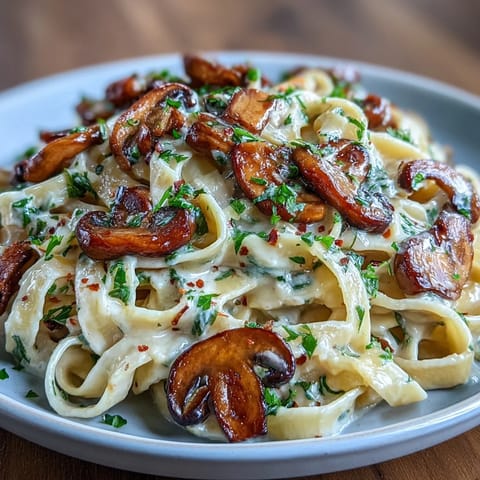 A warm bowl of vegetarian Creamy Mushroom Stroganoff, featuring sautéed mushrooms and a luscious sauce, perfect for a cozy family dinner.