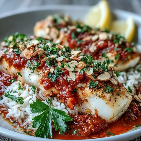Fork-tender Tomato-Roasted Cod With Spiced Almonds nestled over aromatic ginger rice with parsley garnish.