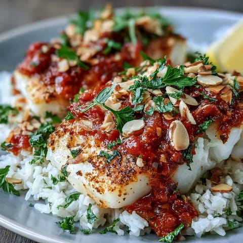 Colorful Tomato-Roasted Cod With Spiced Almonds fillets served over fluffy ginger rice, topped with crunchy almonds.