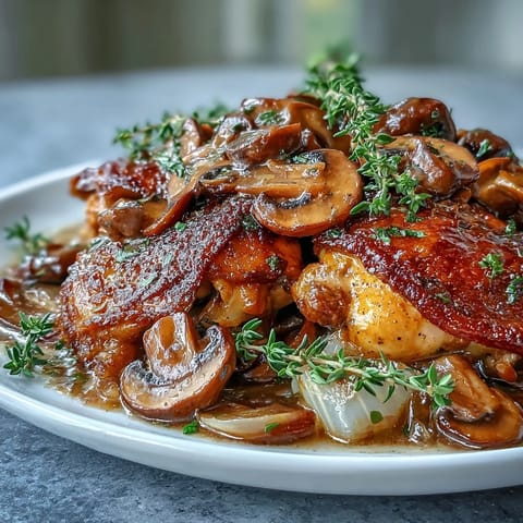 Tender chicken thighs and cremini mushrooms rest in a rosy, herb-infused sauce in a Dutch oven.