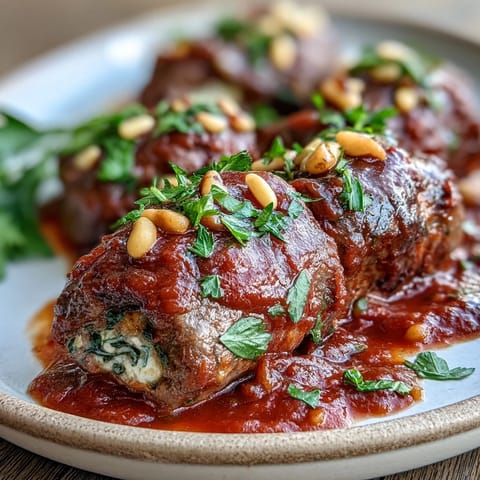 Tender Sicilian-Style Braciole rolls filled with pine nuts and raisins simmer in a rich, bubbling tomato sauce for a rustic family dinner.
