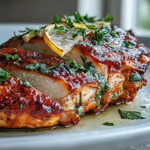 Sliced Oven Baked Chicken Breast revealing juicy, tender interior, perfect for a healthy weeknight dinner plate.
