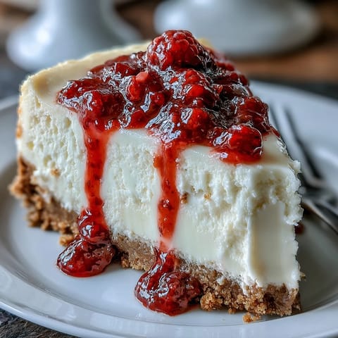 Freshly baked White Chocolate Raspberry Cheesecake Bliss with a golden graham cracker crust, vibrant swirls, and a creamy texture served on a marble platter.