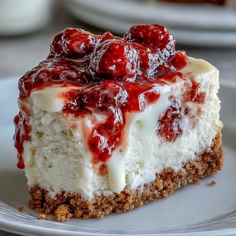 Slice of decadent White Chocolate Raspberry Cheesecake Bliss plated with fresh raspberries and a drizzle of sweet sauce, showcasing a moist, dense filling.