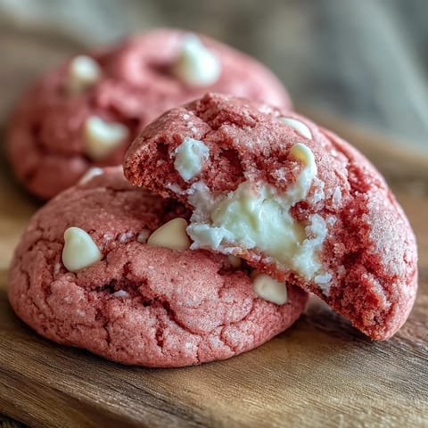 Four Pink Velvet Cookies are arranged on a wire cooling rack after baking, with white chocolate chips melting on top.