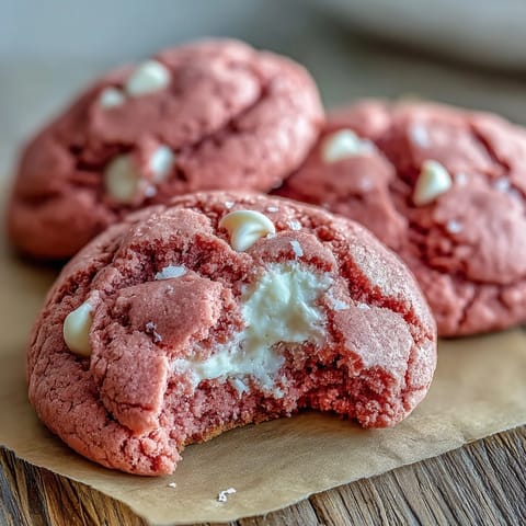 A glass bowl holds Pink Velvet Cookie dough featuring a vibrant pink hue and plenty of white chocolate chips.