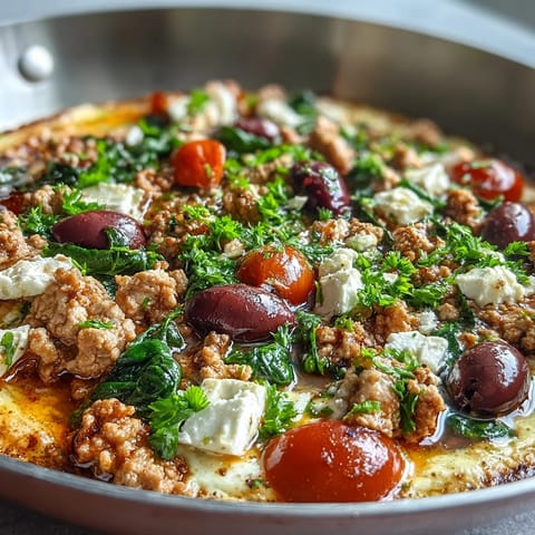 In a cast-iron skillet, Mediterranean Keto Ground Chicken Skillet with Olives and Feta is garnished with fresh parsley, Kalamata olives, and a squeeze of lemon.
