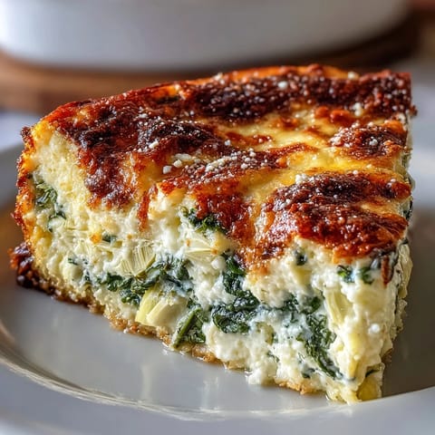 Fork lifting a creamy scoop from the High Protein Spinach Artichoke Bake, revealing cheesy cottage cheese and feta filling.