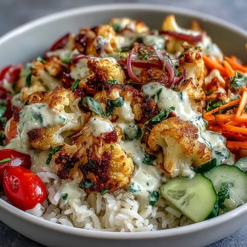 Golden herb-roasted cauliflower florets nestled on fluffy basmati rice with fresh spinach. 