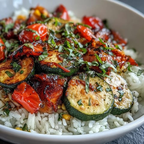 Vibrant sautéed zucchini, sweet corn, and juicy tomatoes top a bed of fluffy rice in this Summer Vegetable Bowl, garnished with fresh basil.