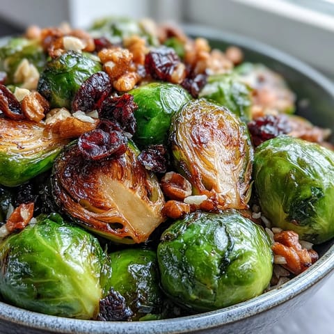 Golden roasted Brussels sprouts and red onions over fluffy quinoa, drizzled with tangy balsamic dressing in a white bowl.