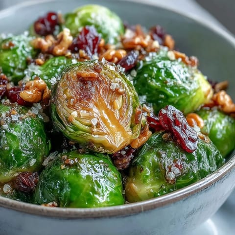 Freshly baked Roasted Brussels Sprouts Bowl topped with toasted walnuts, dried cranberries, and pumpkin seeds for a wholesome dinner.