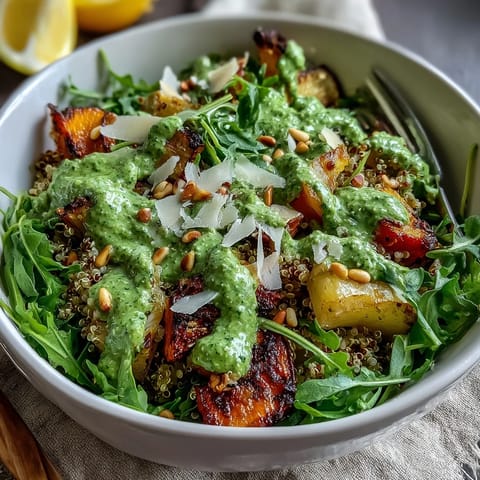 Fork-tender roasted vegetables and fluffy quinoa tossed in homemade peppery pesto in this vibrant Arugula Pesto Bowl.