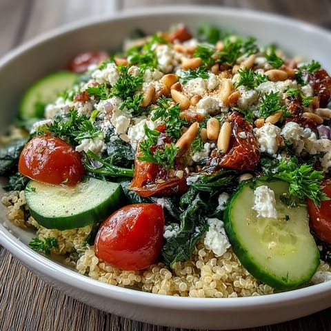 Golden quinoa and wilted spinach topped with creamy feta and fresh diced vegetables in a grain bowl.